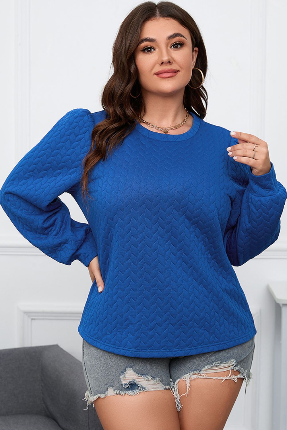 Plus Size Textured Round Neck Long Sleeve Top 