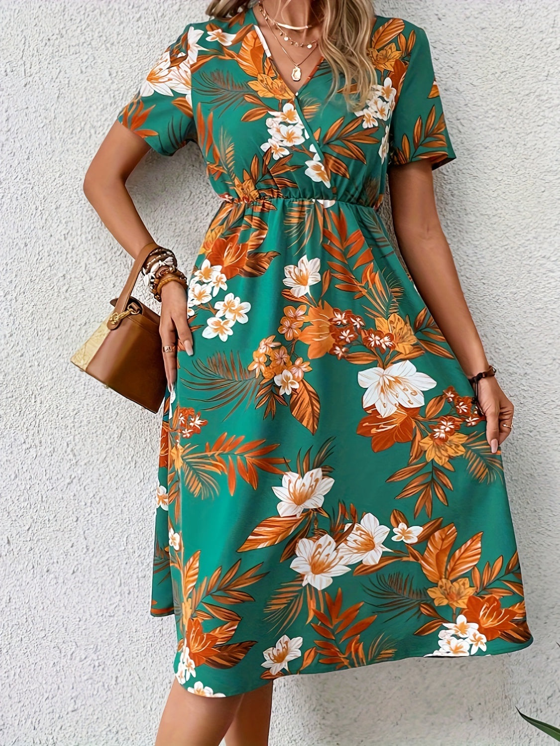 Floral Surplice Short Sleeve Dress 