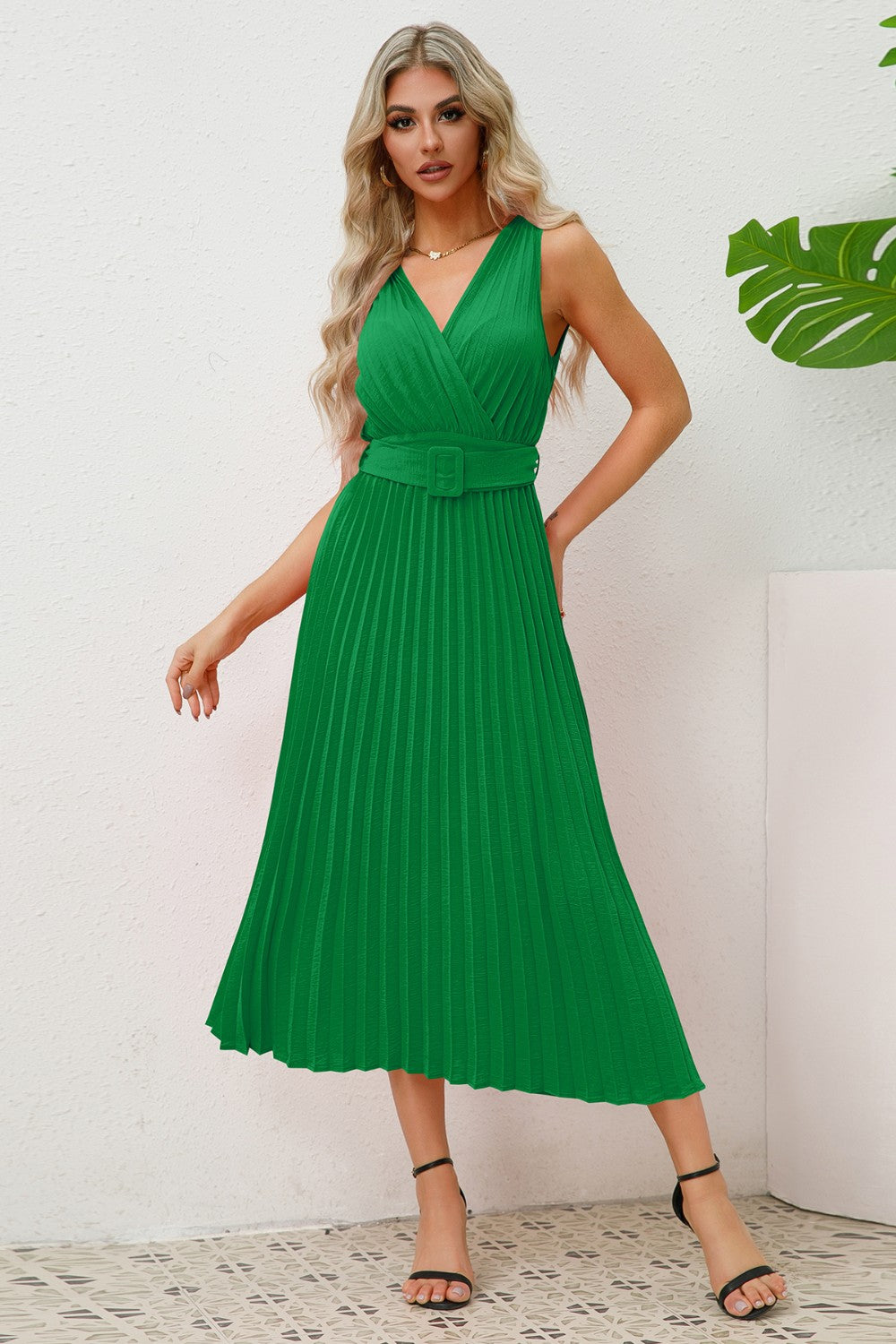 Surplice Sleeveless Midi Pleated Dress - Babbazon Midi Dress