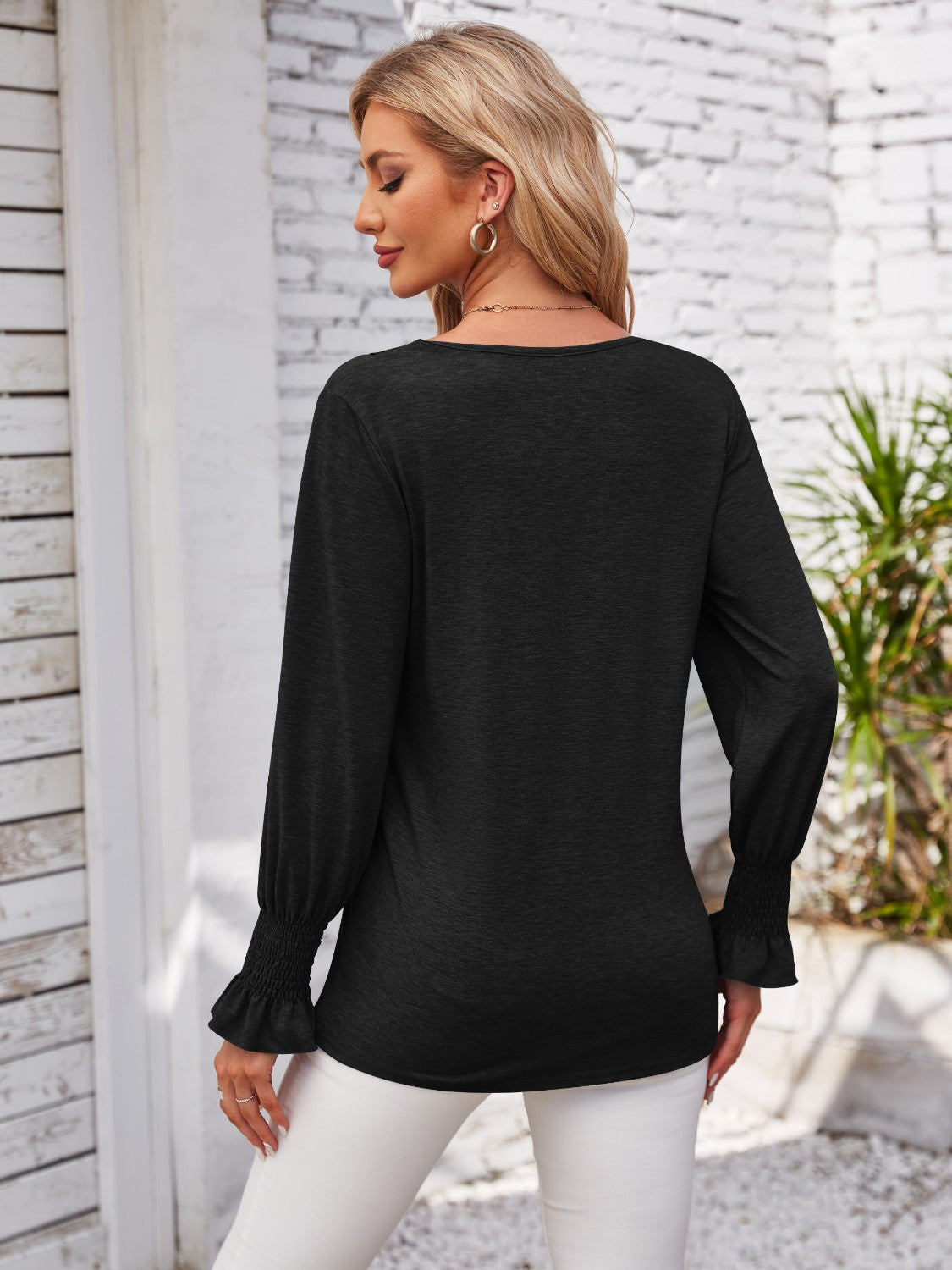 V-Neck Smocked Ruffled Long Sleeve Top