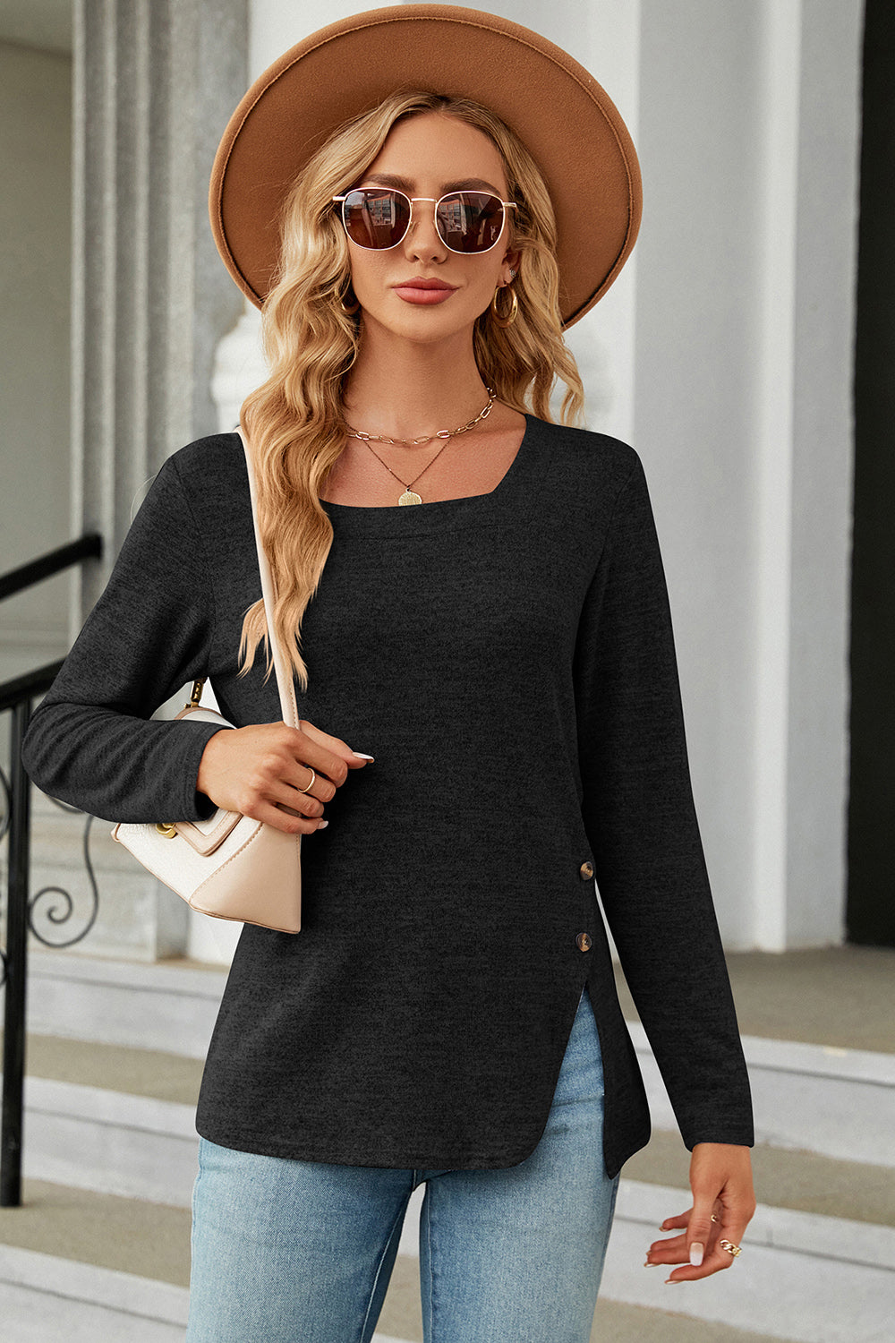 Slit Decorative Button Square Neck T-Shirt 