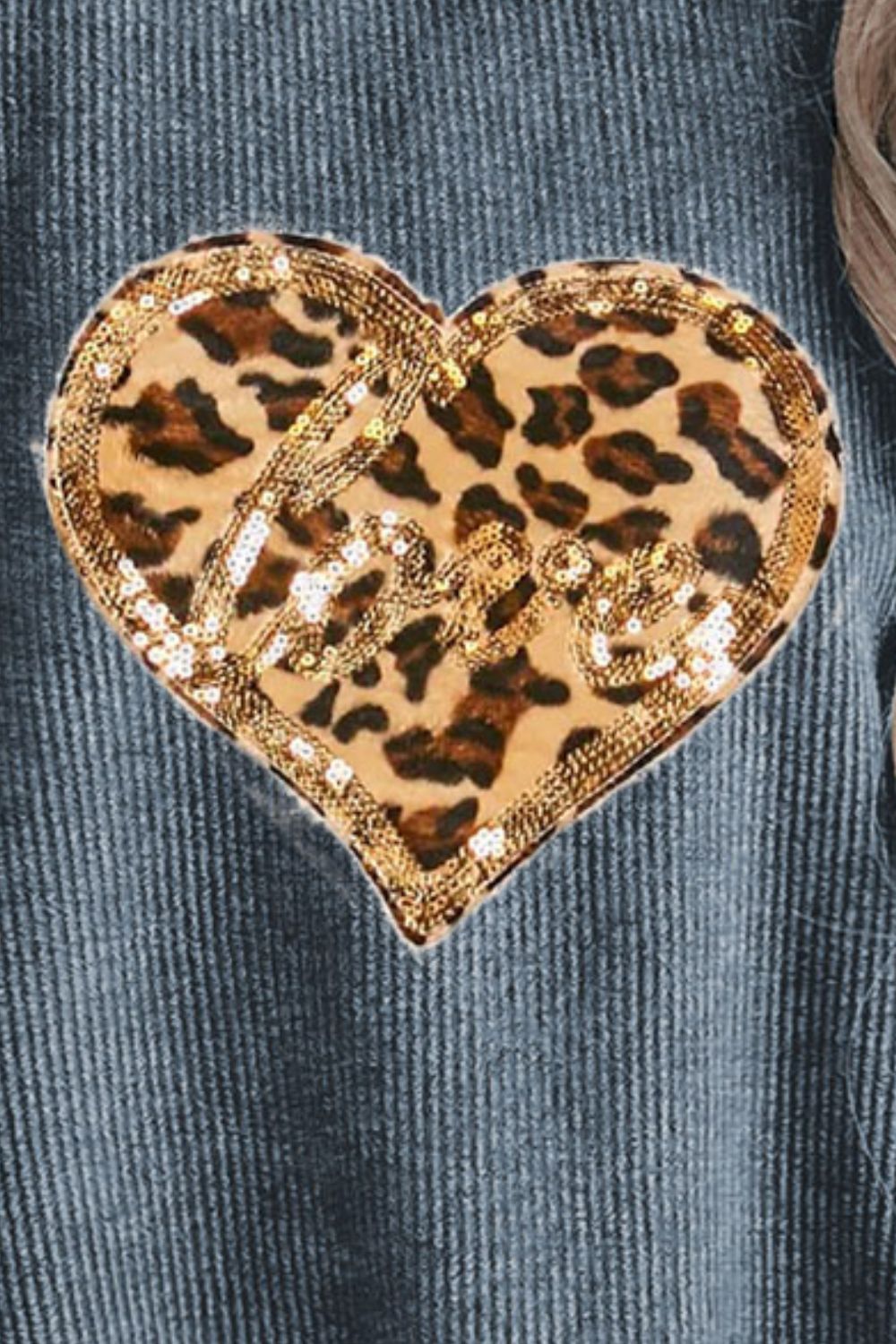 Heart Leopard Sequin Round Neck Sweatshirt 