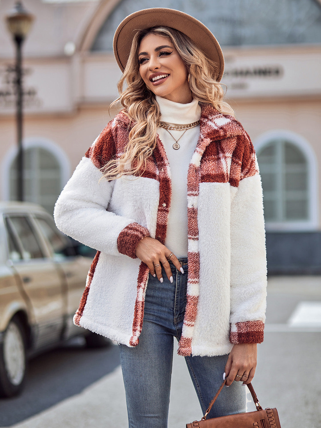 Plaid Dropped Shoulder Teddy Jacket 