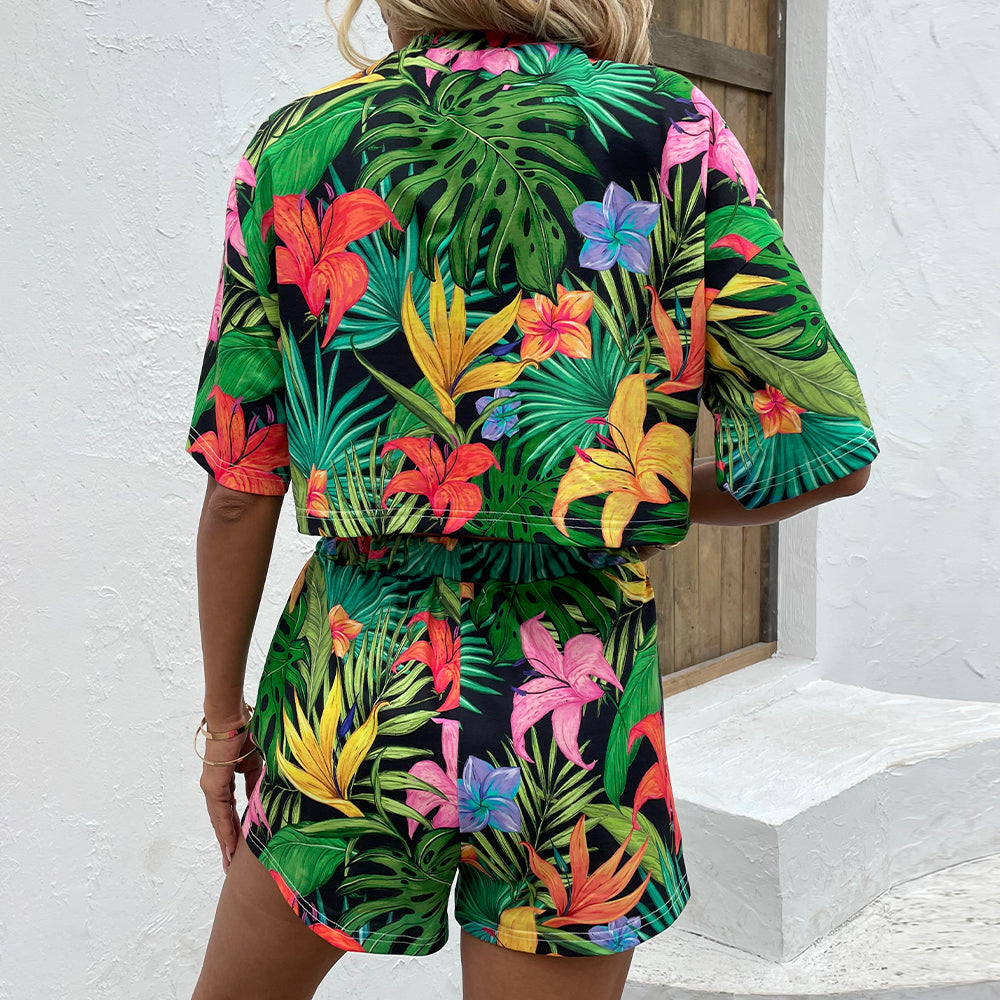 Floral Print Round Neck Dropped Shoulder Half Sleeve Top and Shorts Set 