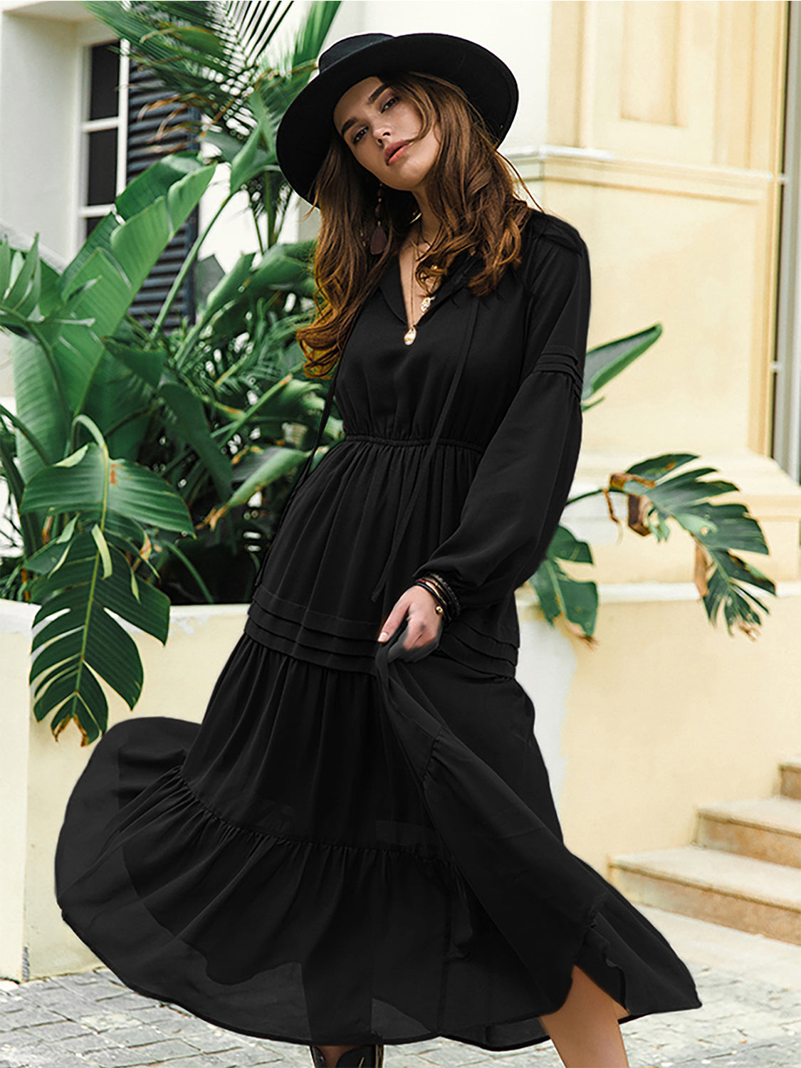 Tie Neck Long Sleeve Midi Tiered Dress 