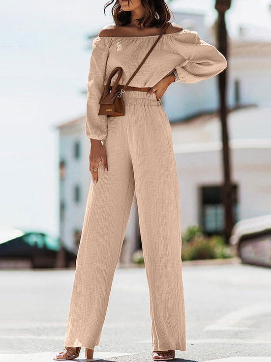 Off Shoulder Long Sleeve Top and Pants Set 