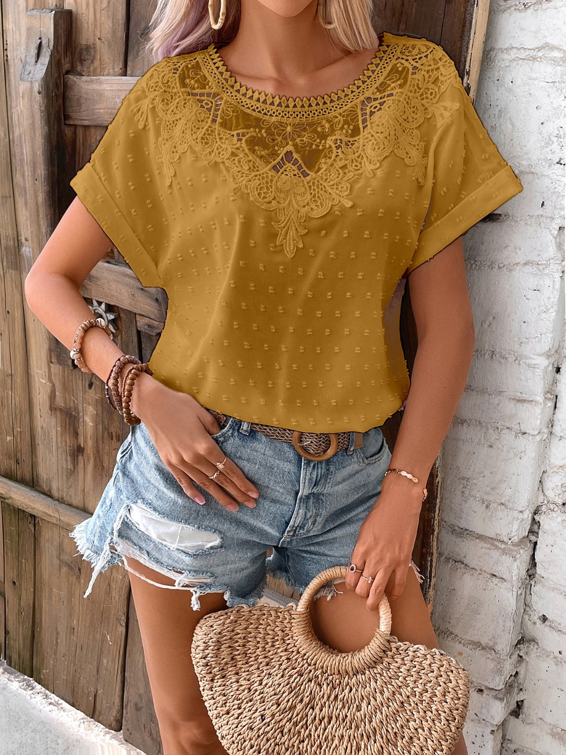 Lace Detail Round Neck Short Sleeve Blouse 