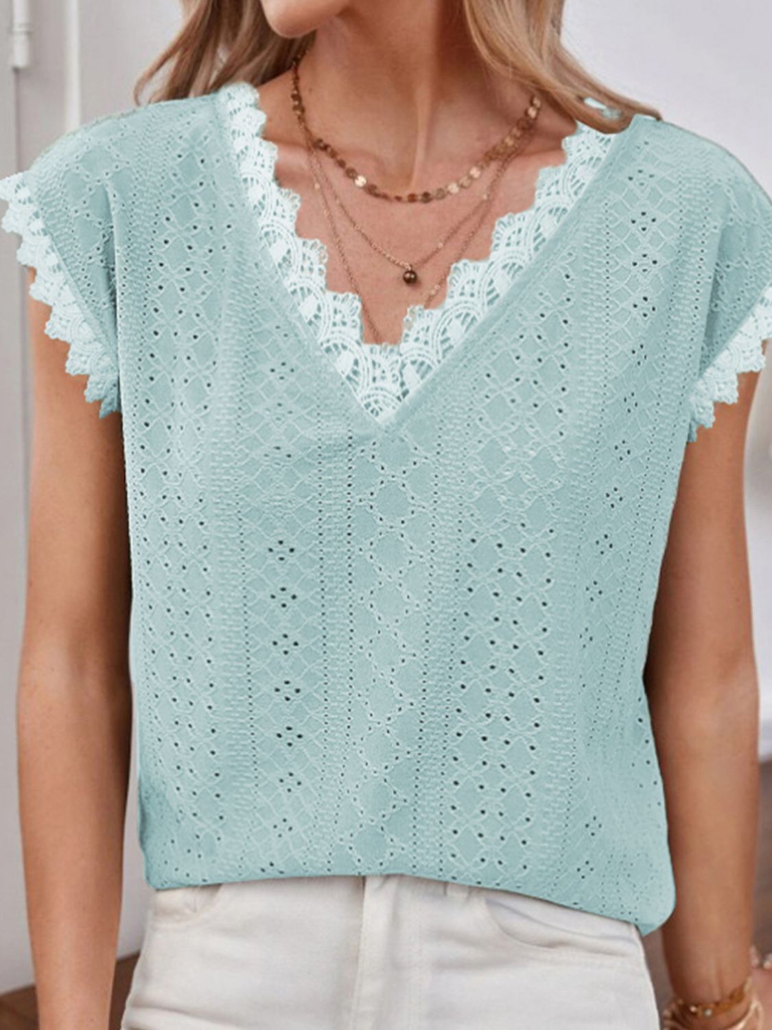 V-Neck Eyelet Short Sleeve Top 