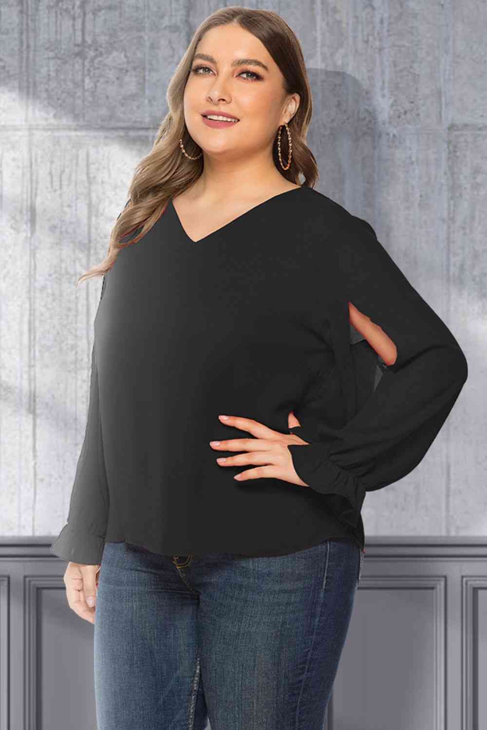 Plus Size Cutout Flounce Sleeve Blouse 