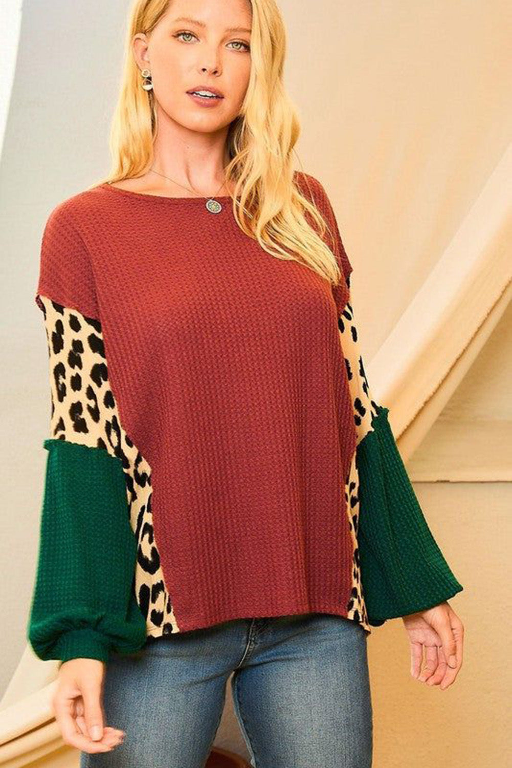 Leopard Color Block Waffle-Knit Blouse 