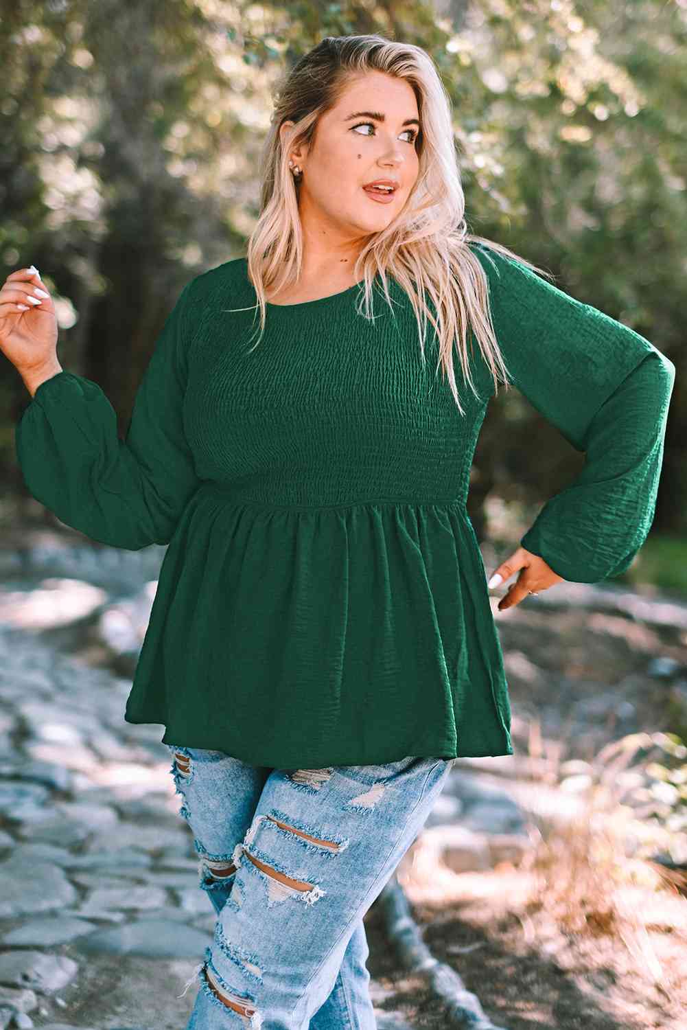 Plus Size Smocked Balloon Sleeve Babydoll Top 