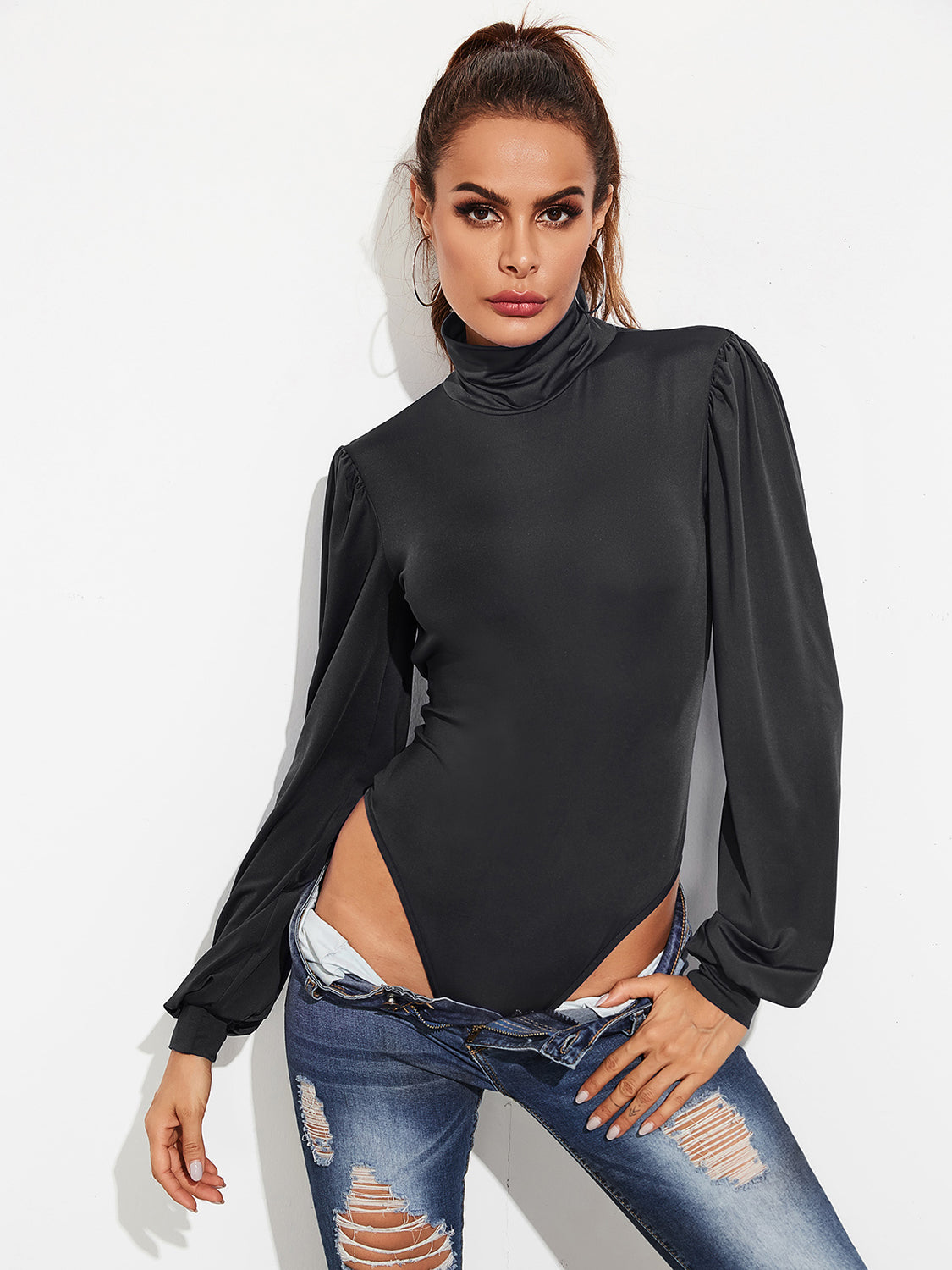 Backless Tie-Waist Turtleneck Lantern Sleeve Bodysuit 