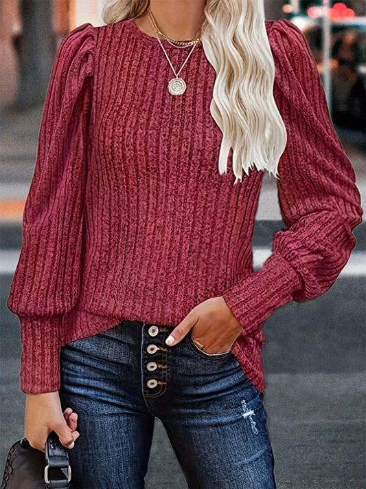 Ribbed Round Neck Lantern Sleeve Blouse 