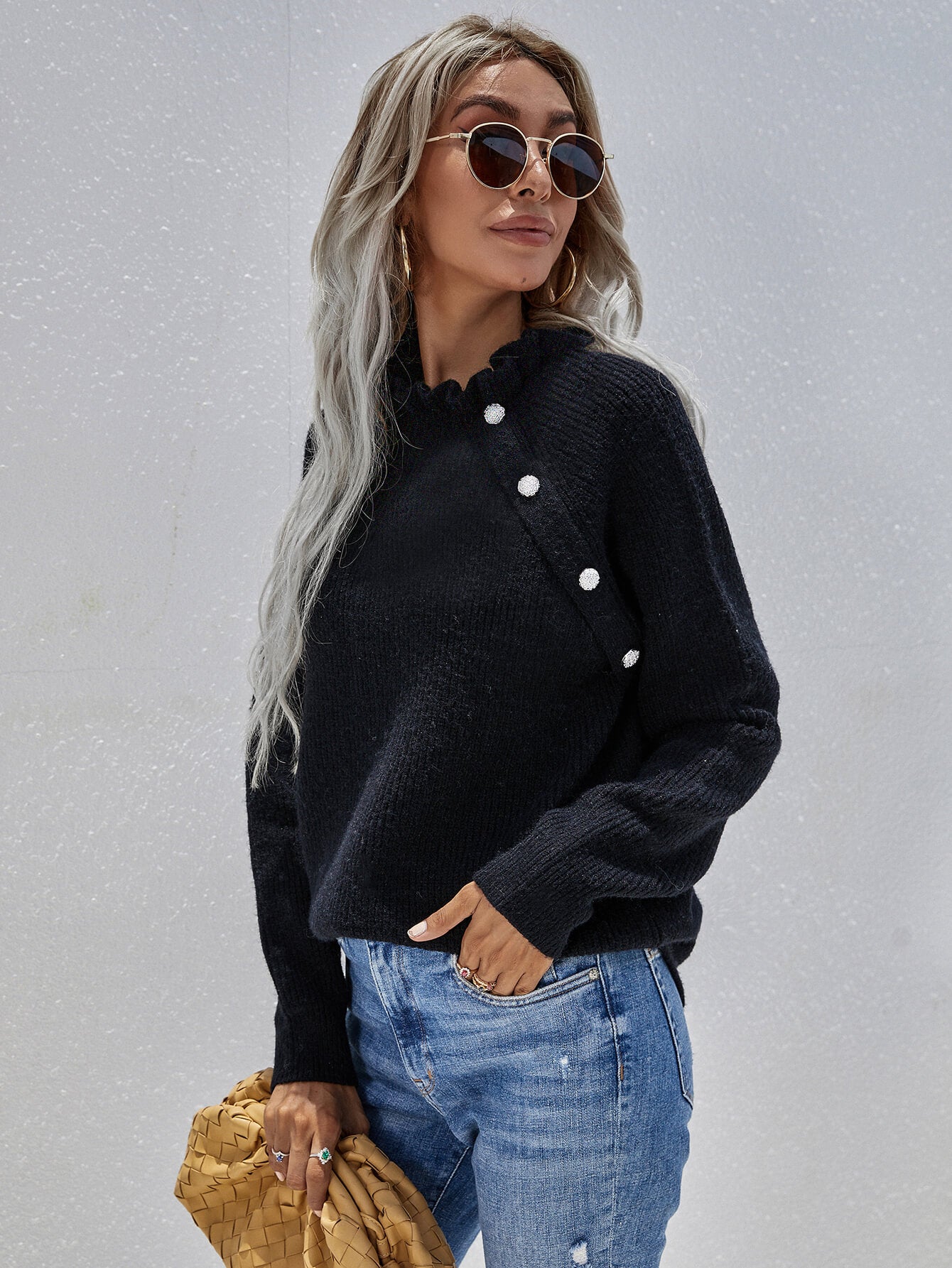 Button Detail Frill Neck Rib-Knit Sweater 