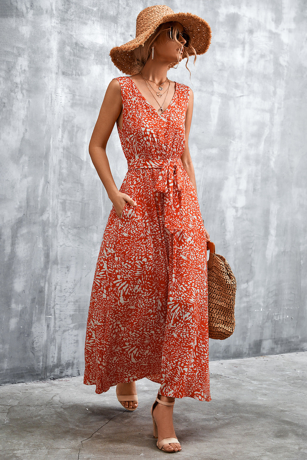 Printed V-Neck Tie Waist Maxi Dress 