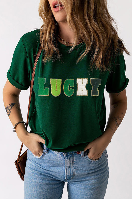 LUCKY Round Neck Short Sleeve T-Shirt - Babbazon Camisole