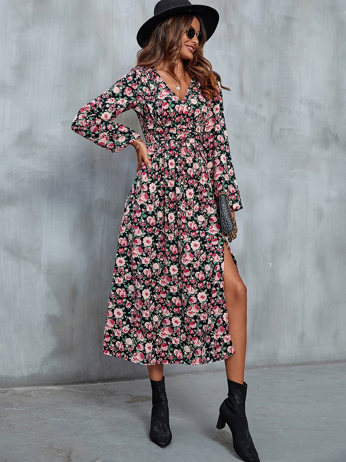 Floral V-Neck Slit Midi Dress 