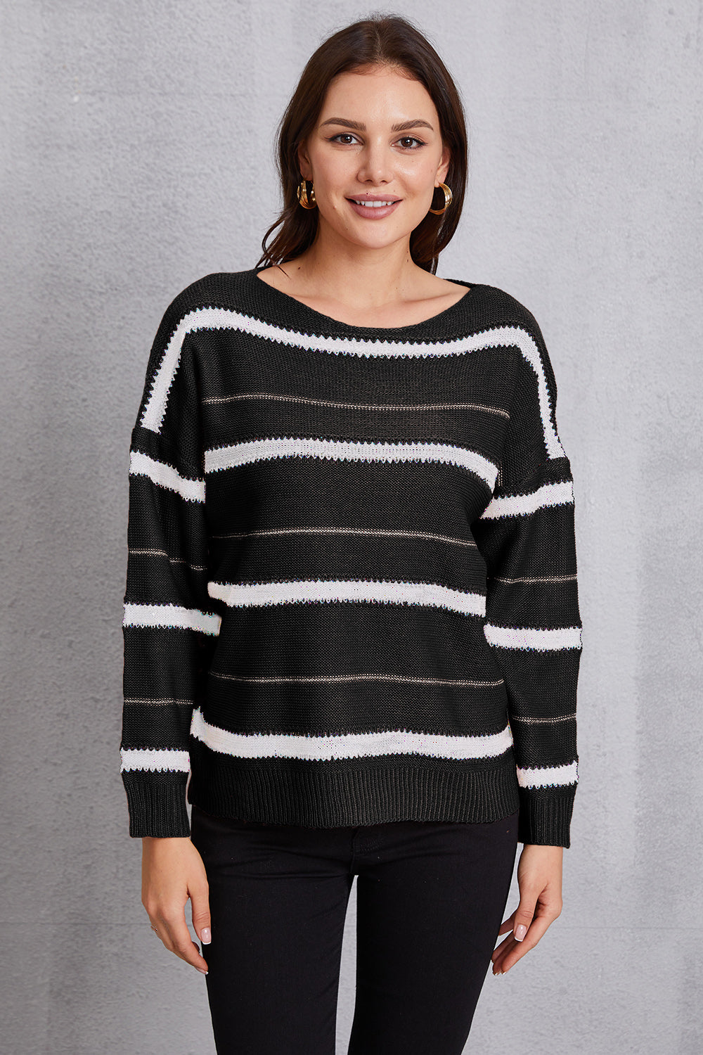 Striped Round Neck Dropped Shoulder Sweater 