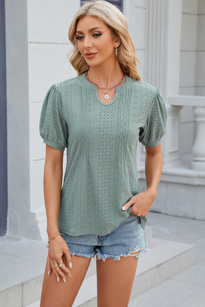 Eyelet Notched Puff Sleeve Blouse