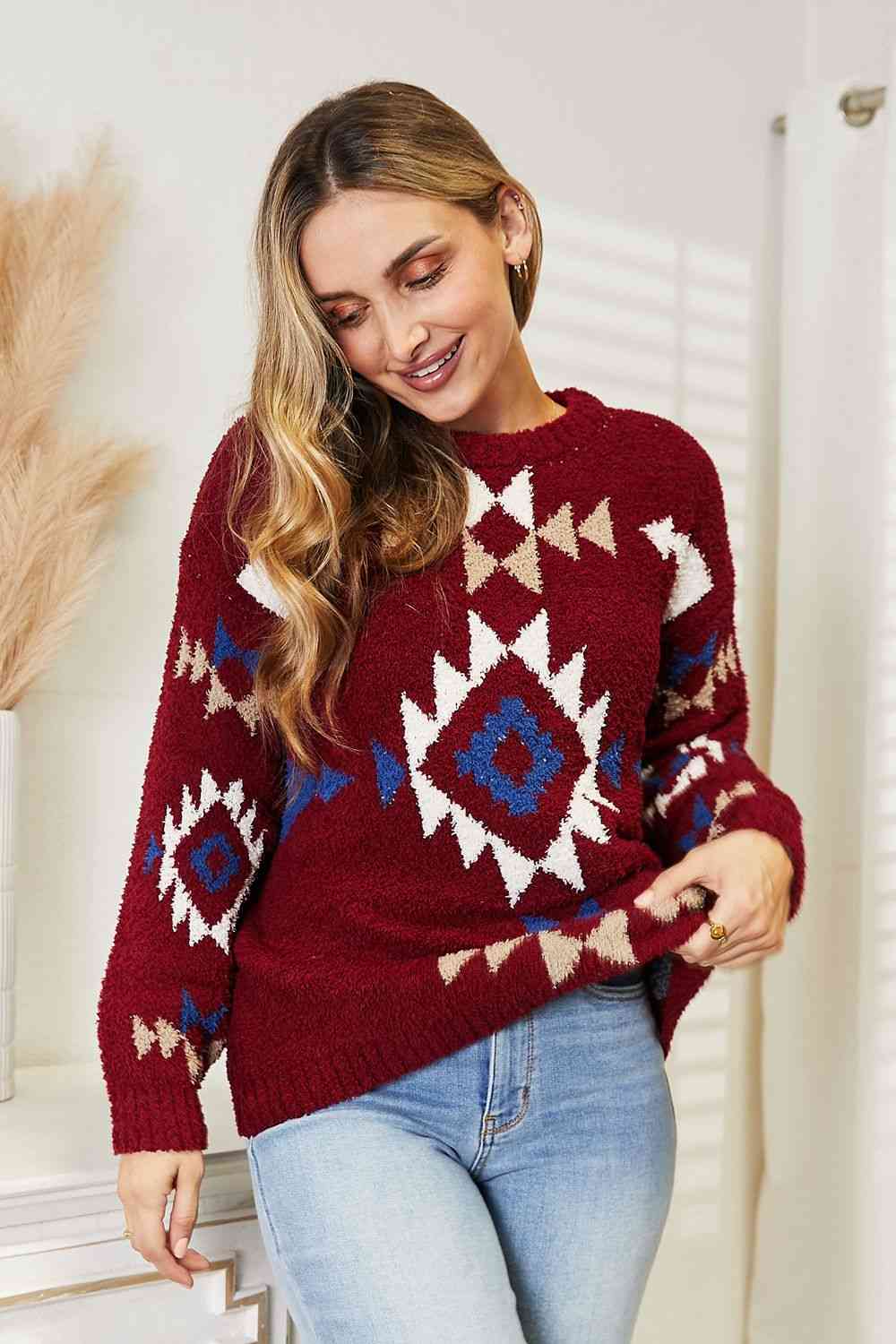 HEYSON Full Size Aztec Soft Fuzzy Sweater 