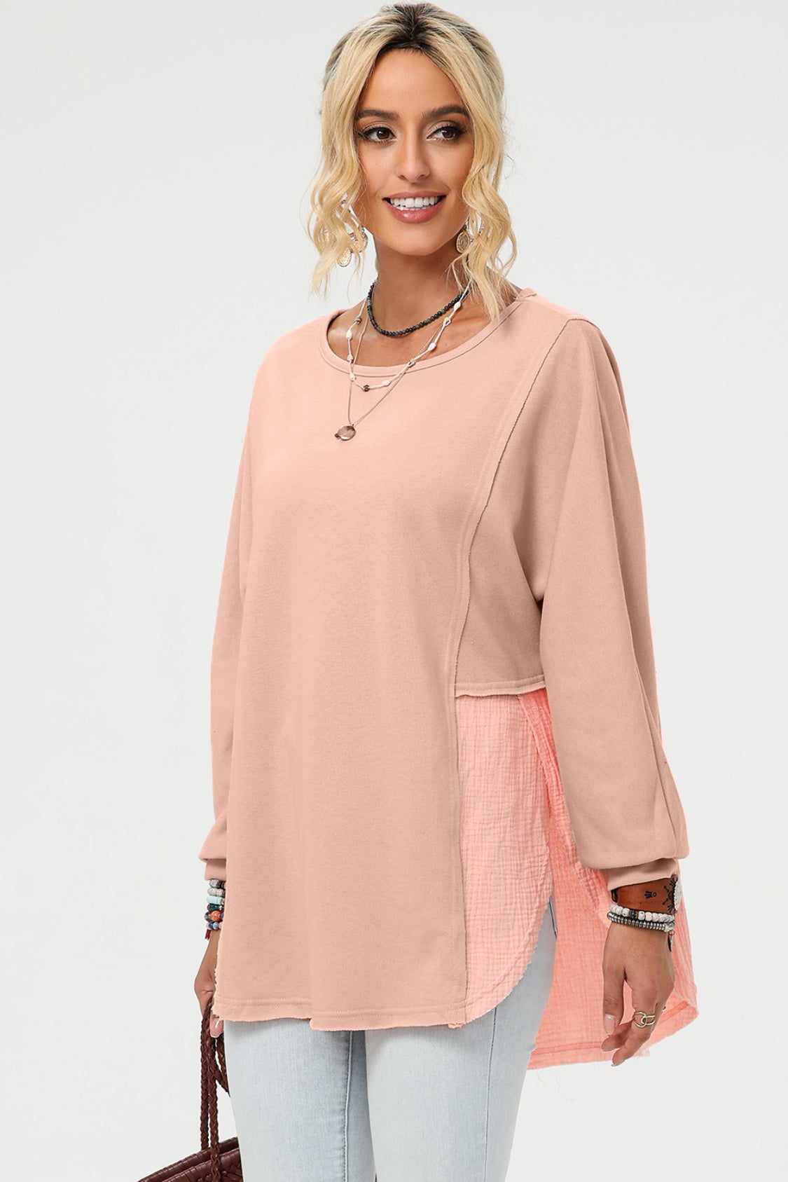 Curved Hem Dolman Sleeve Top - Babbazon Women's Tops