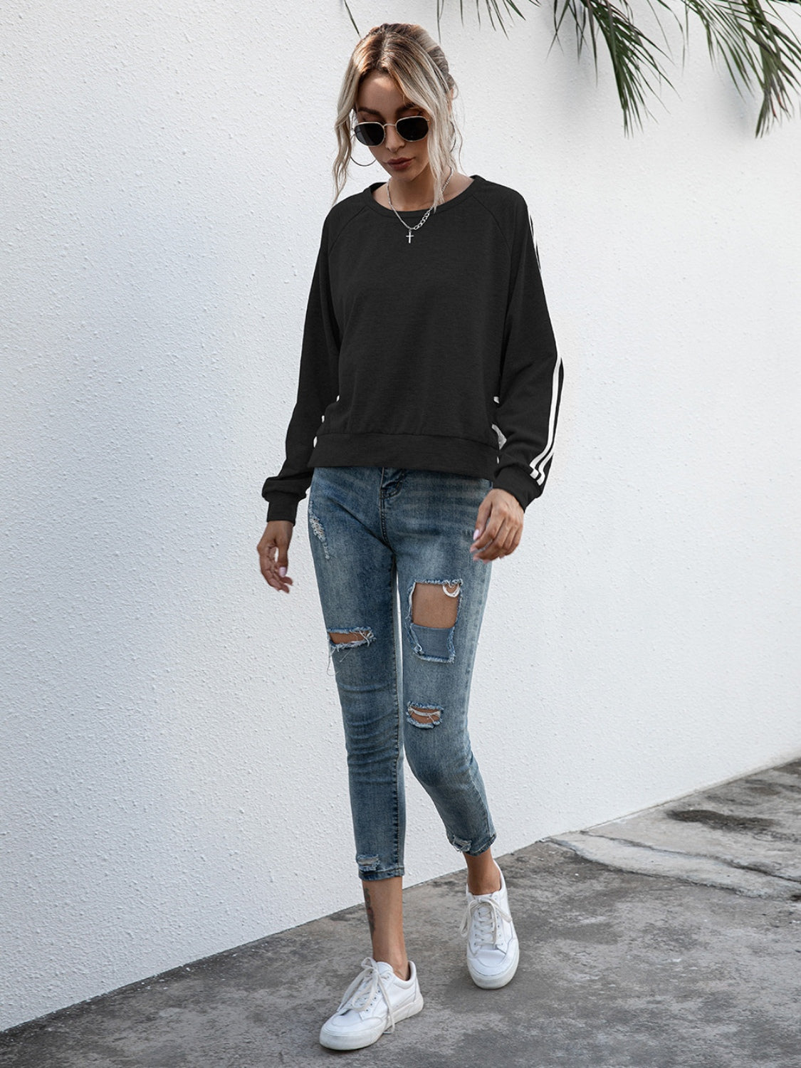 Lace-Up Round Neck Long Sleeve Sweatshirt 