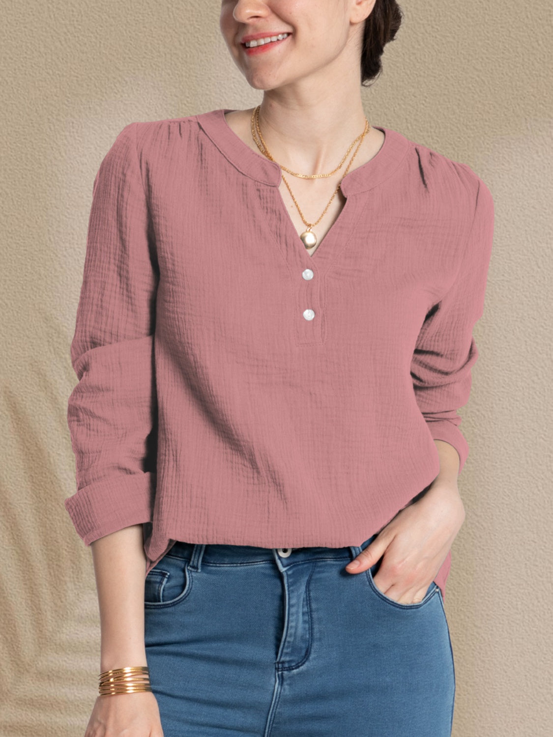 Textured Notched Long Sleeve Blouse 