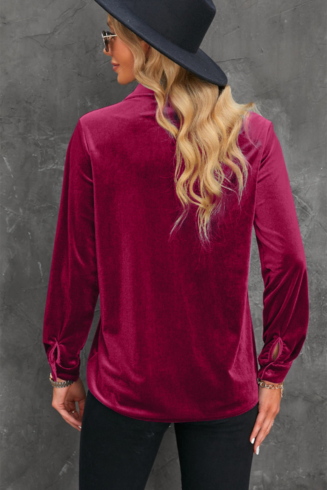 Button Up Collared Neck Long Sleeve Velvet Shirt 