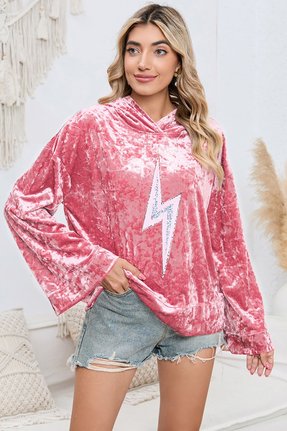 Sequin Flash Pattern Long Sleeve Dropped Shoulder Oversized Hoodie 