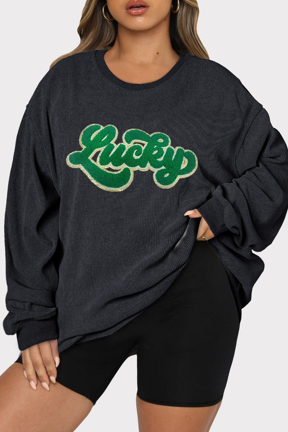 Plus Size LUCKY Round Neck Sweatshirt - Babbazon sweatshirt