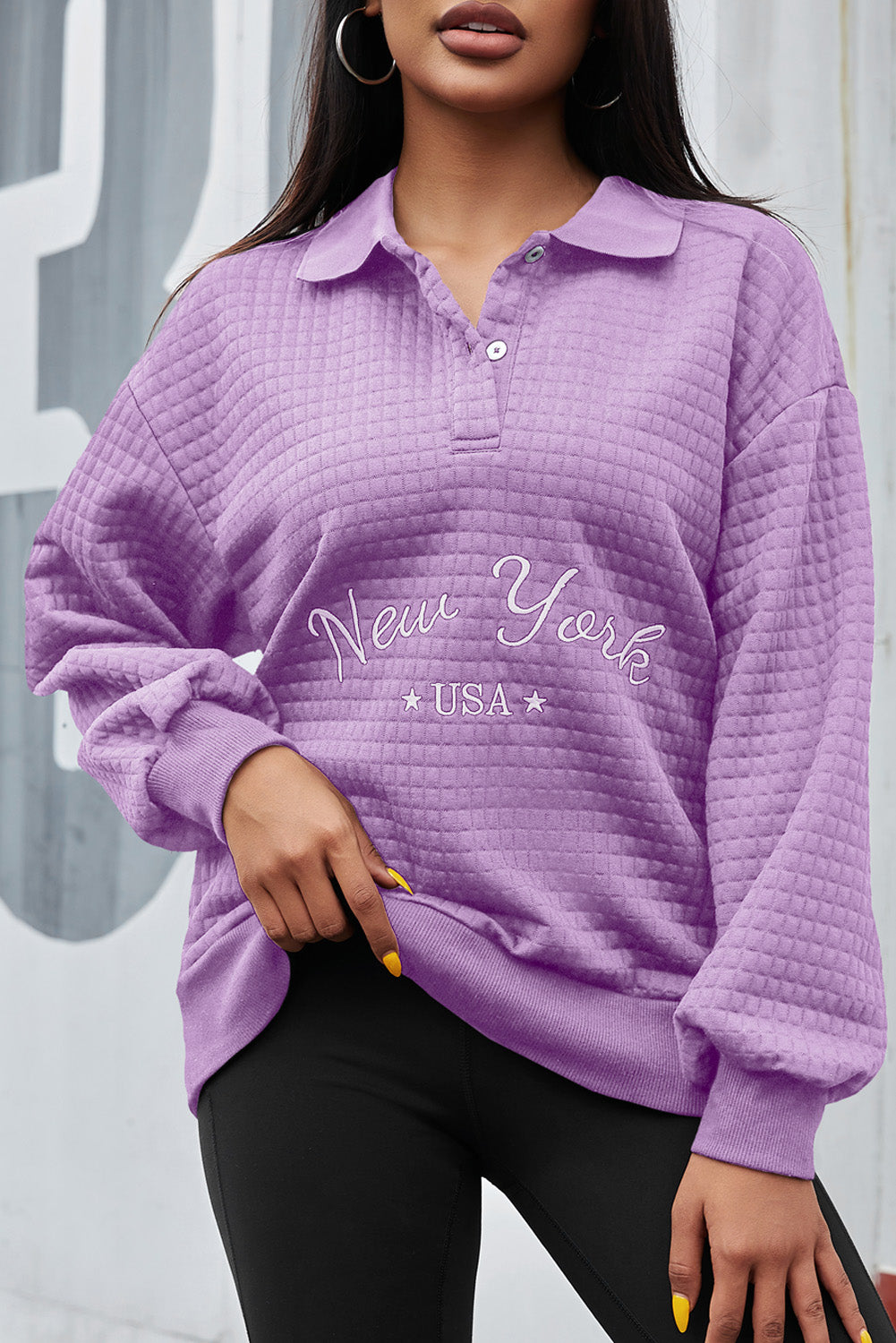 NEW YORK USA Quarter Button Dropped Shoulder Sweatshirt 