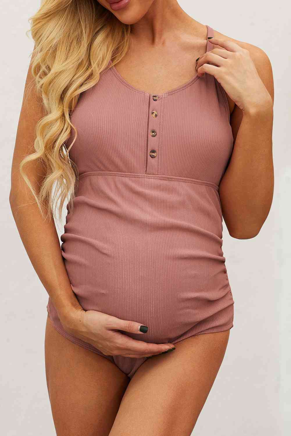 Ribbed Spaghetti Strap One-Piece Maternity Swimsuit - Babbazon Jumper