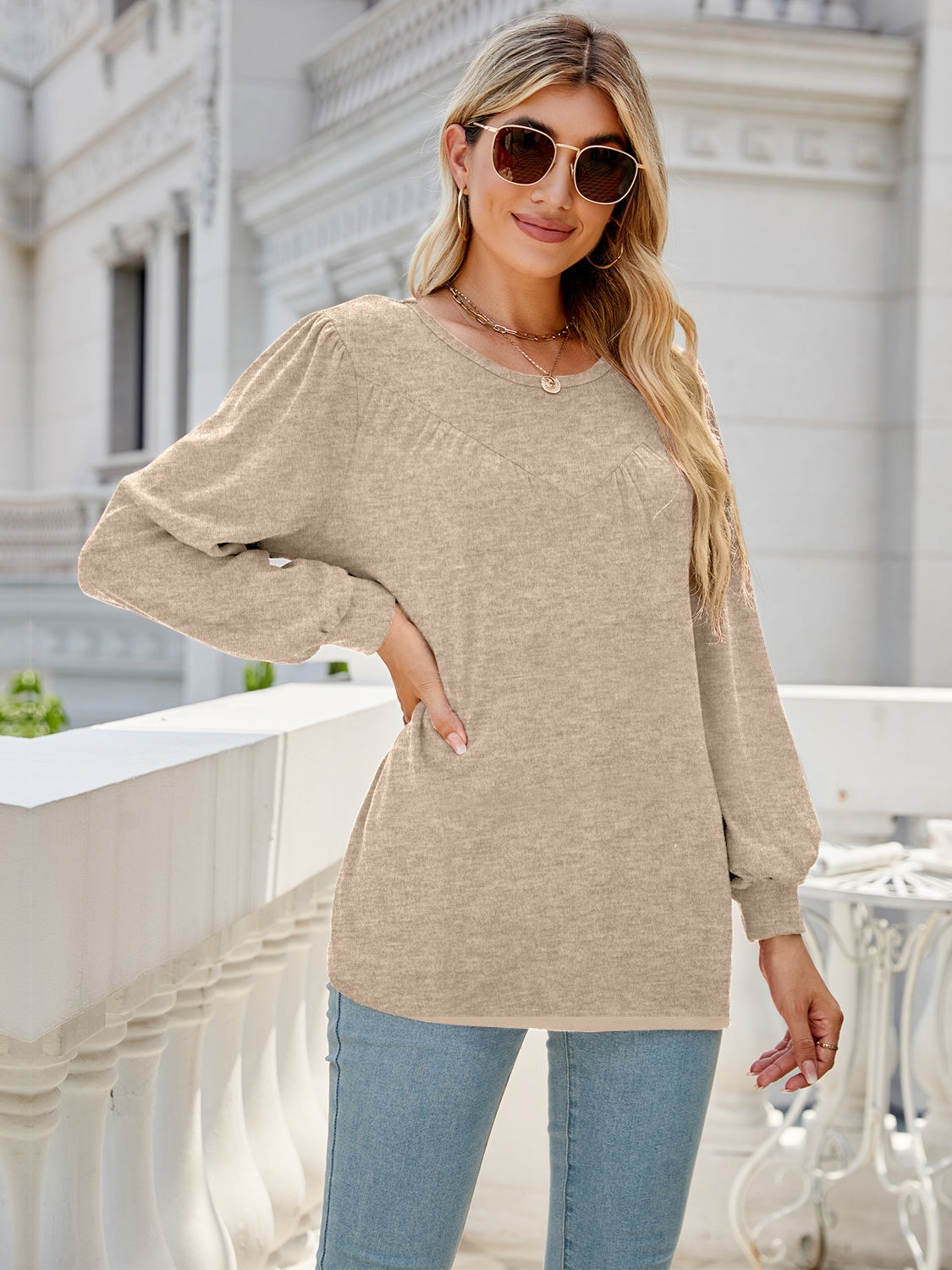 Heathered Round Neck Lantern Sleeve Blouse 