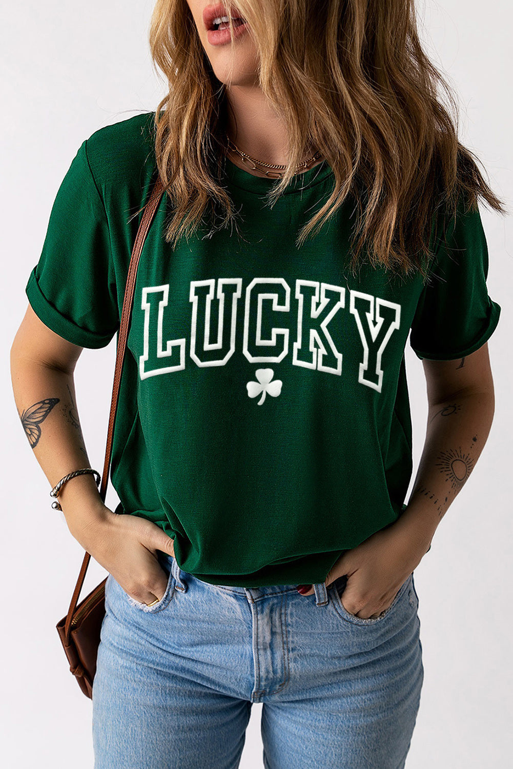 LUCKY Round Neck Short Sleeve T-Shirt - Babbazon Camisole