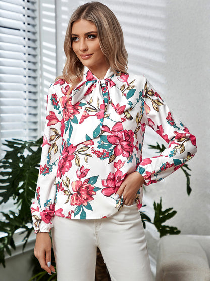 Printed Tie Neck Long Sleeve Blouse 