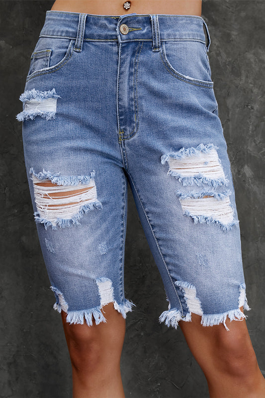 Distressed Frayed Hem Denim Bermuda Shorts 