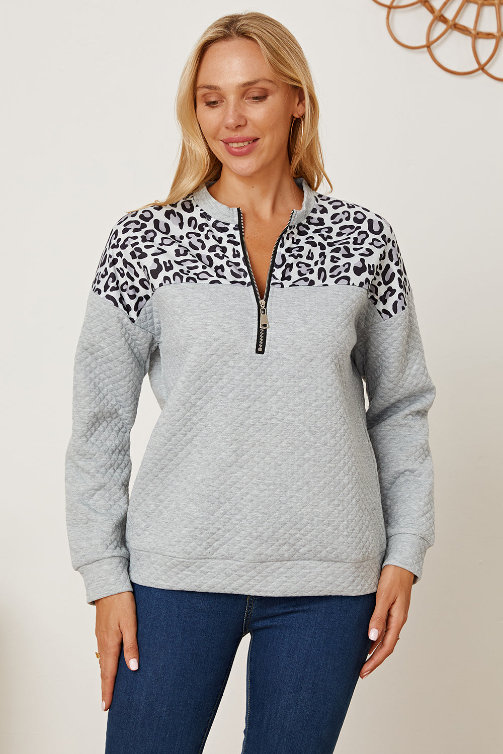 Leopard Half Zip Dropped Shoulder Sweatshirt 