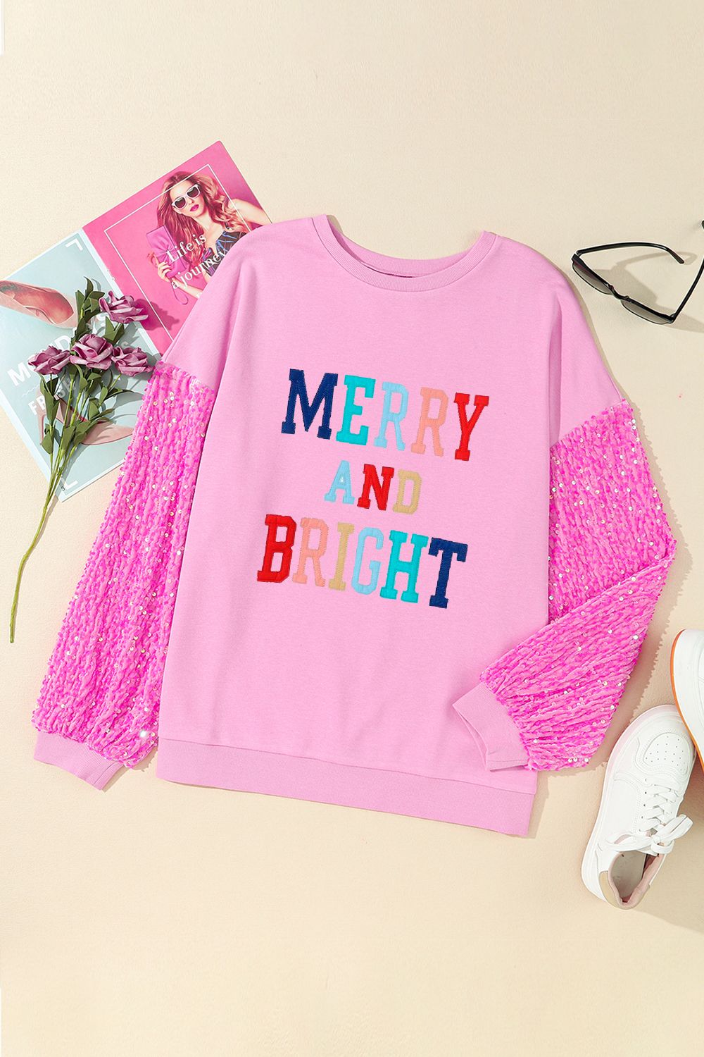 MERRY AND BRIGHT Sequin Long Sleeve Sweatshirt 