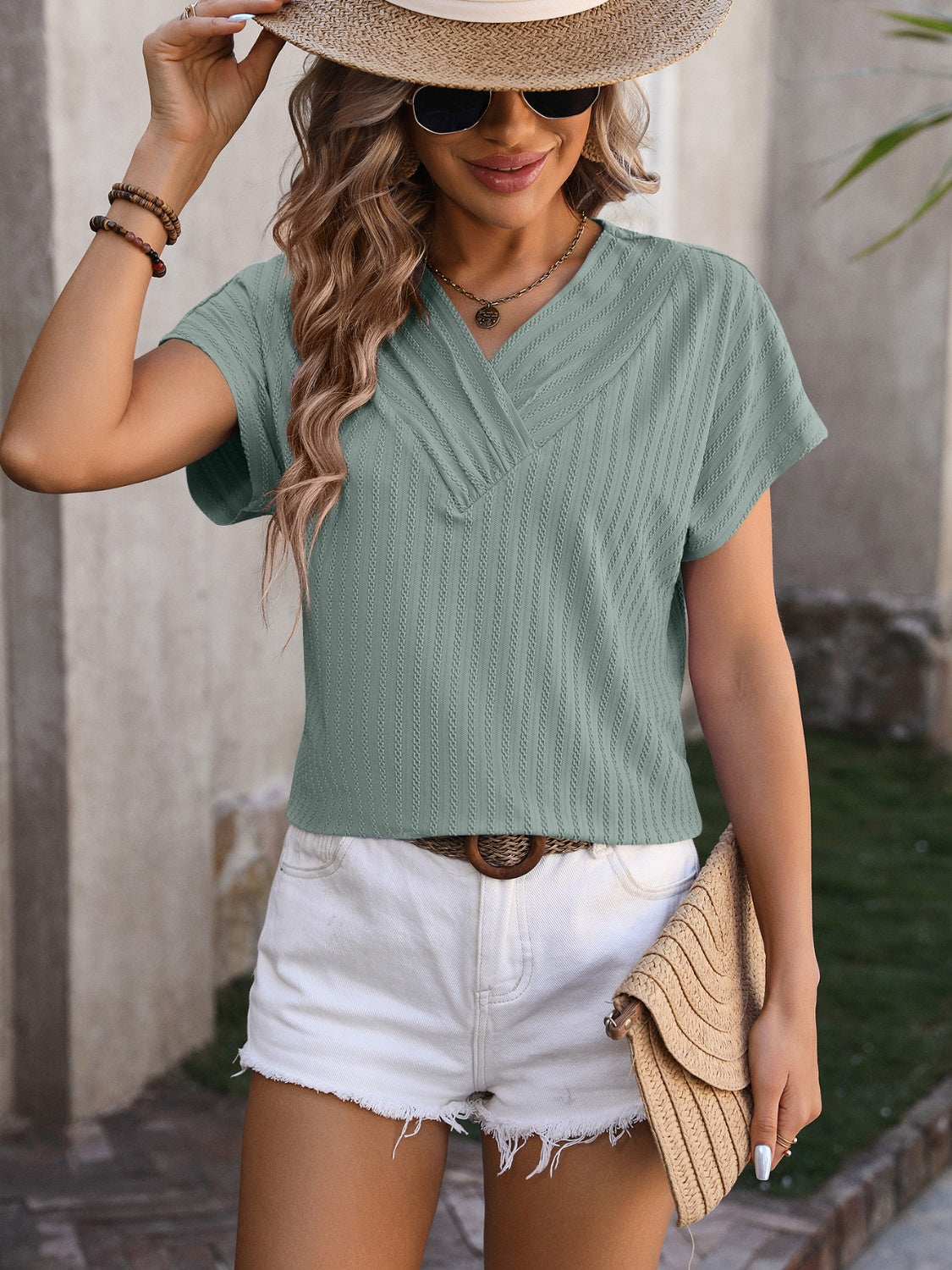 Textured Surplice Short Sleeve Blouse 