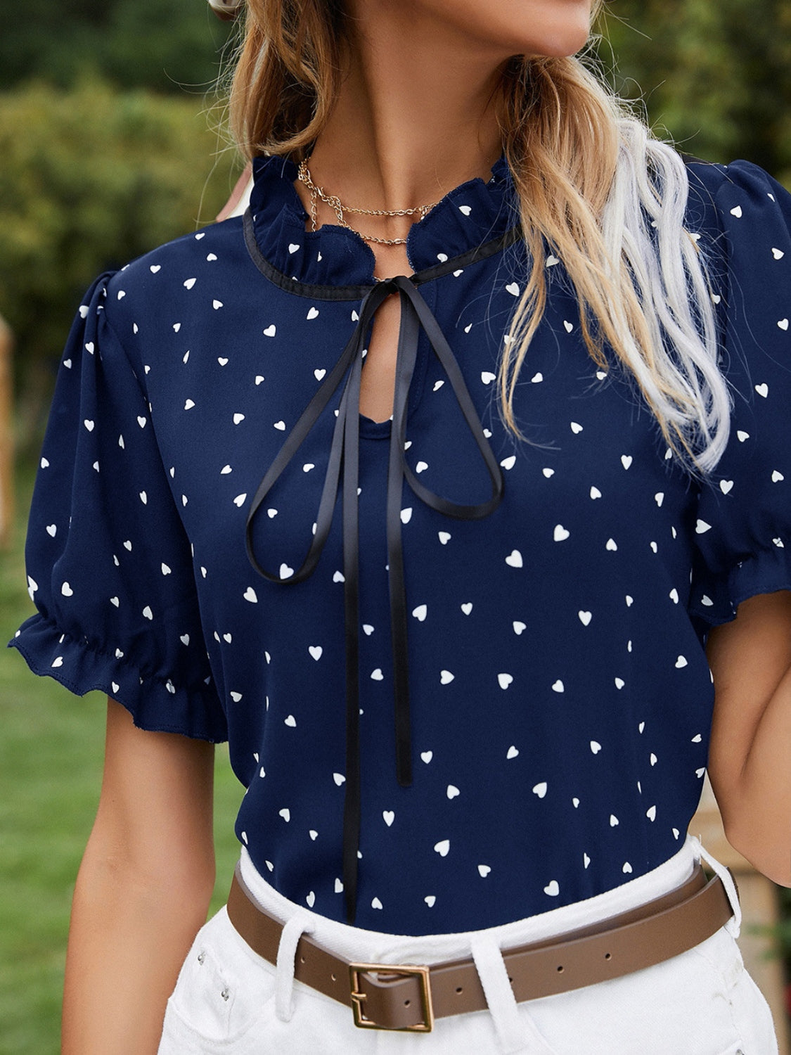 Heart Print Tie Neck Short Sleeve Blouse 