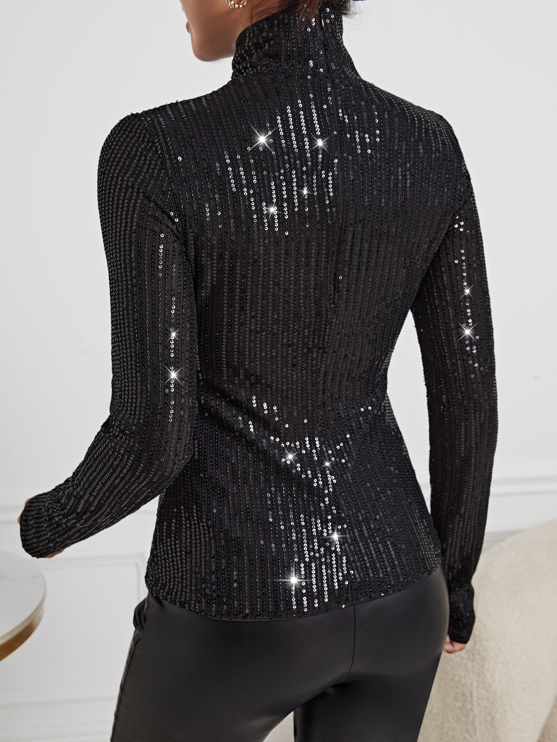 Sequin Turtleneck Long Sleeve Blouses 