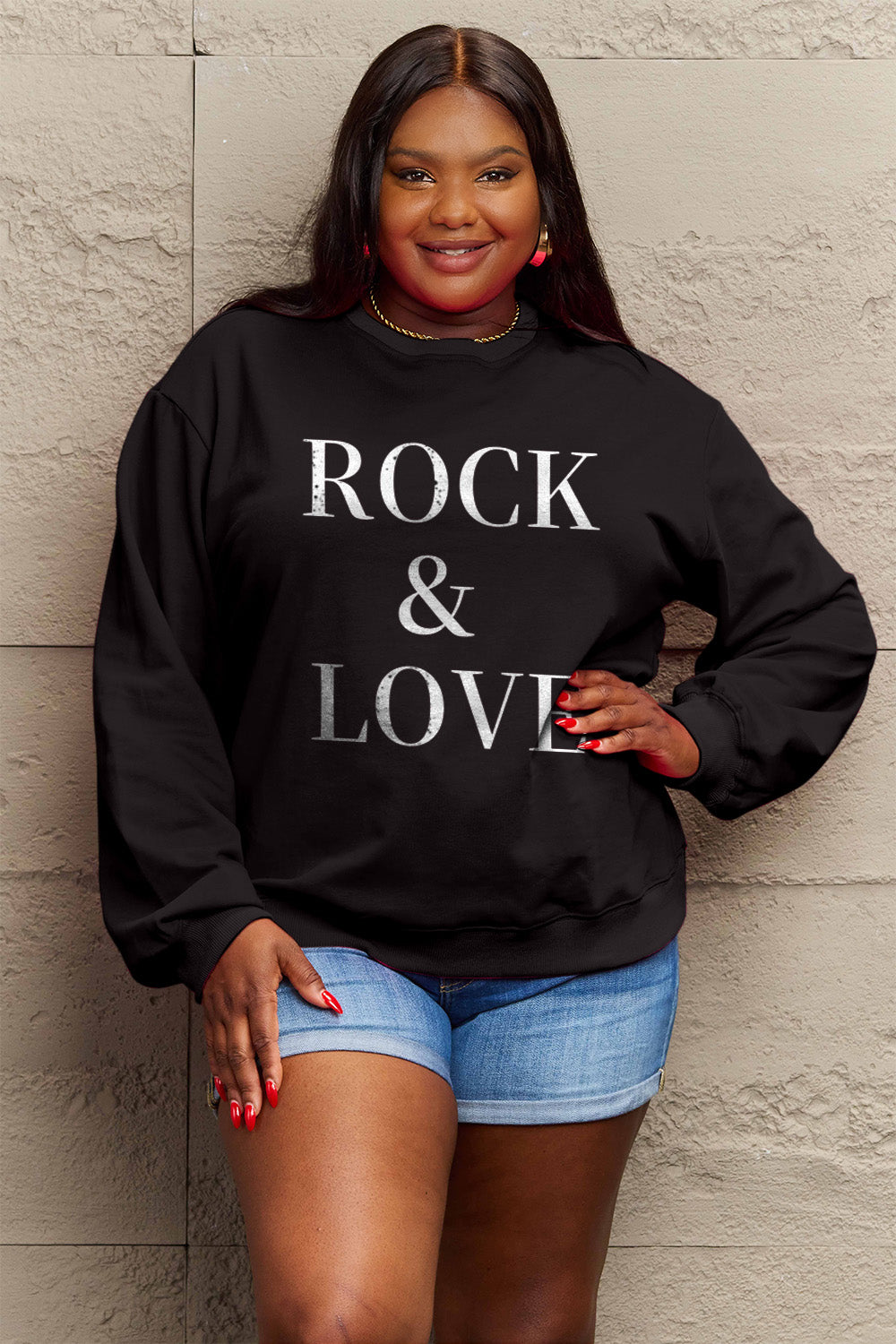 Simply Love Full Size ROCK ＆ LOVE Round Neck Sweatshirt 