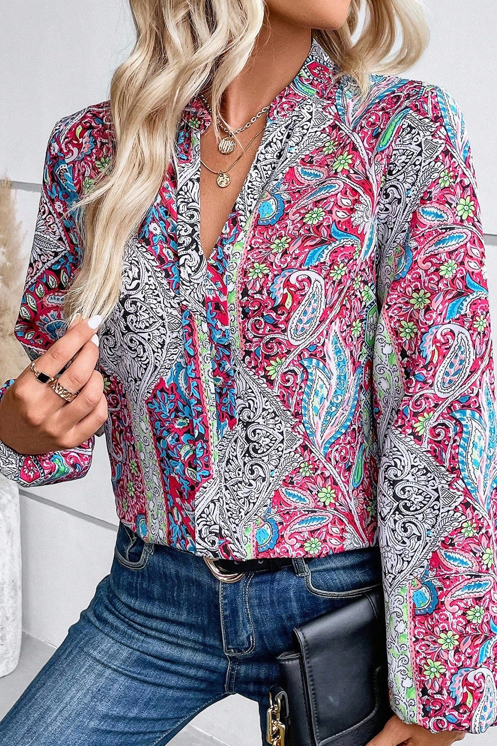 Printed Notched Long Sleeve Shirt 