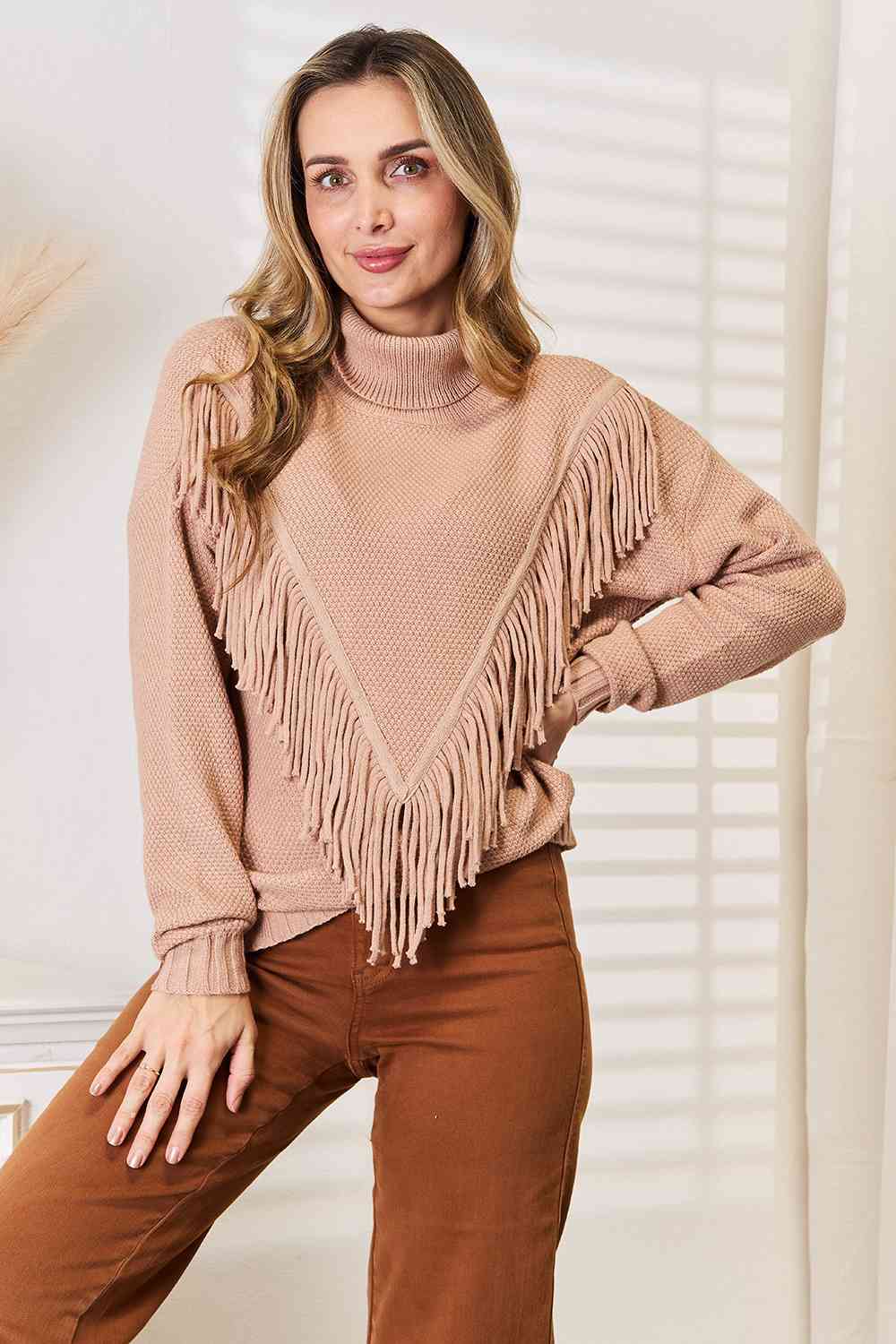 Woven Right Turtleneck Fringe Front Long Sleeve Sweater 