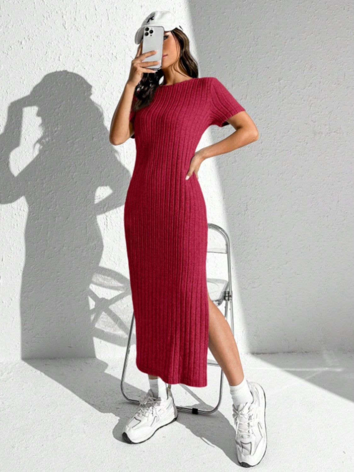 Slit Round Neck Short Sleeve Sweater Dress 