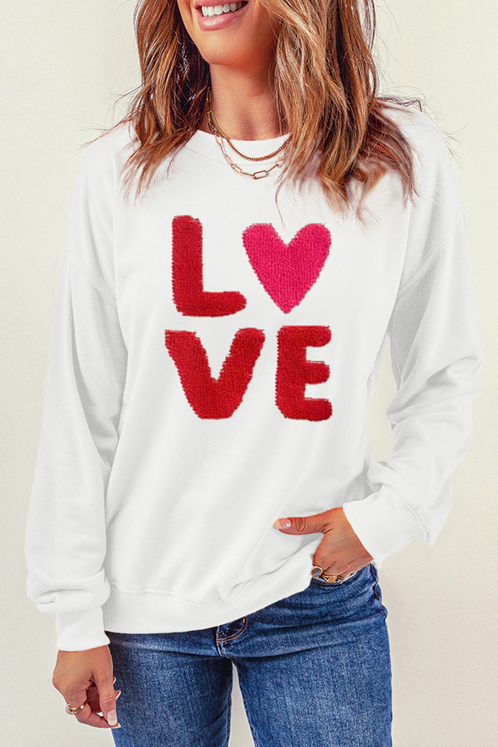 LOVE Embroidered Round Neck Dropped Shoulder Sweatshirt 