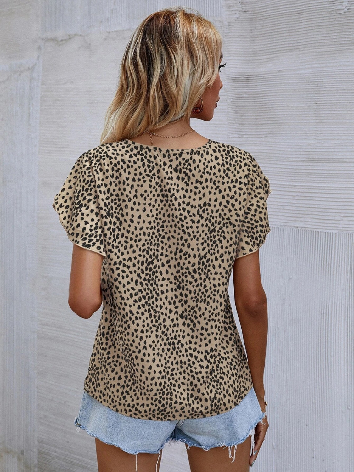 Printed V-Neck Petal Sleeve Blouse 