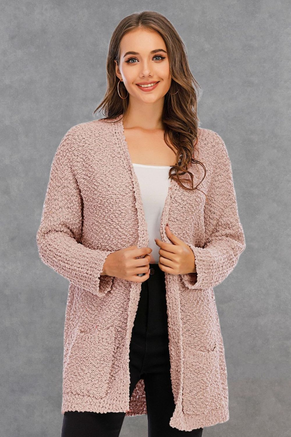 Pocketed Open Front Long Sleeve Cardigan 