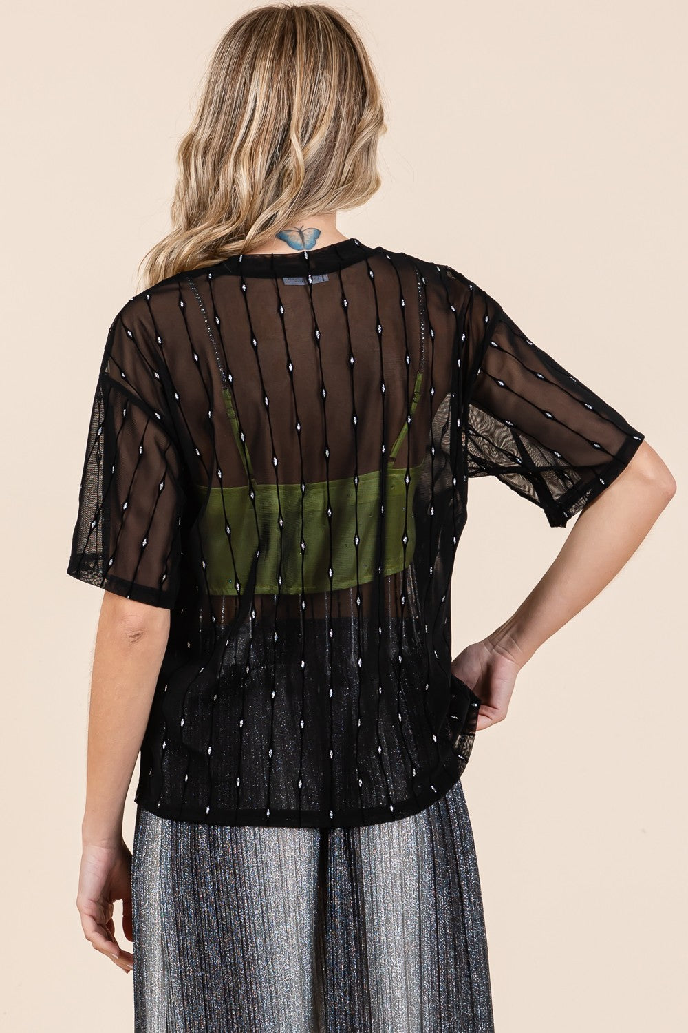 GeeGee Round Neck Drop Shoulder Mesh Glitter Top 