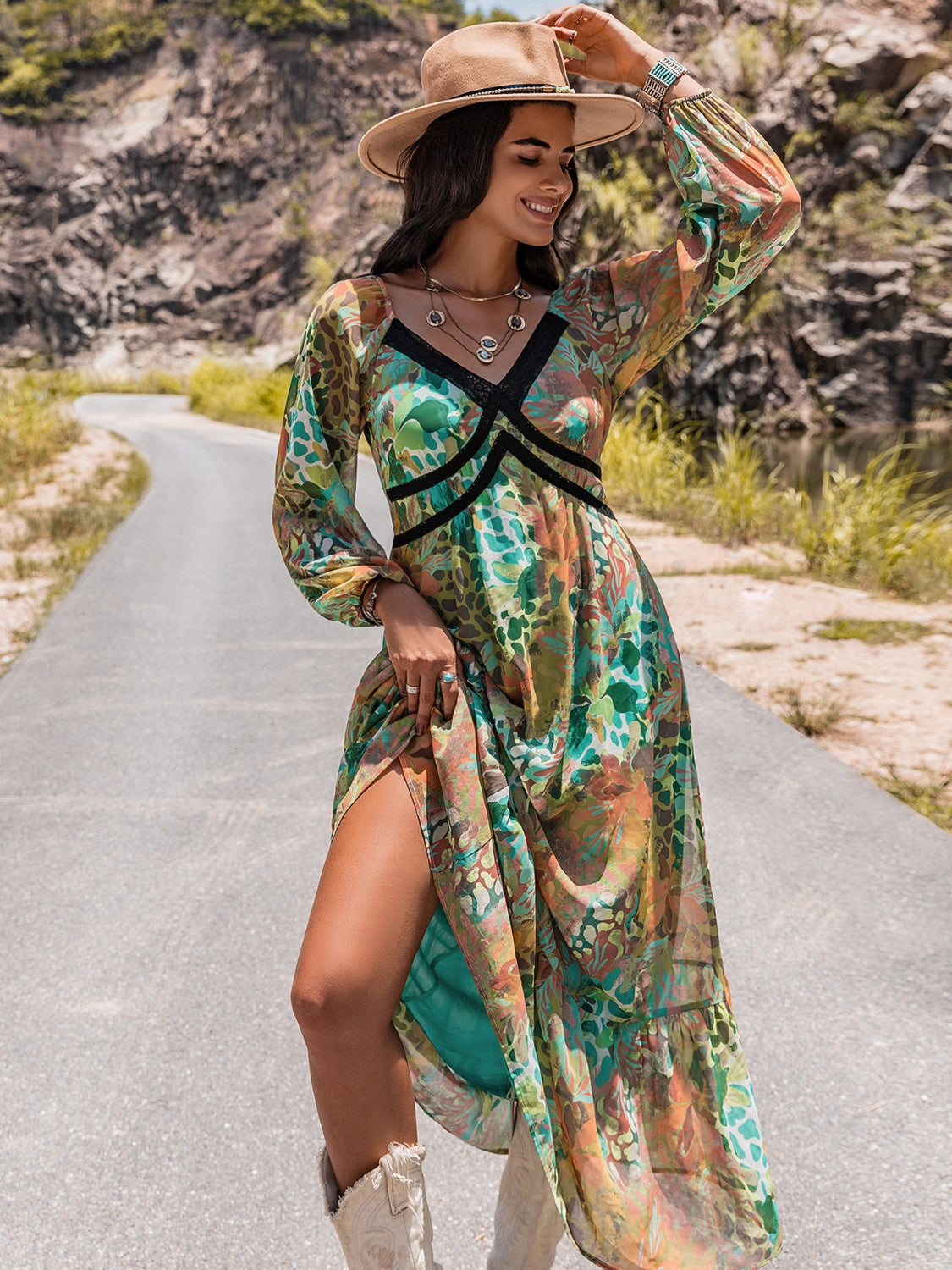 Printed V-Neck Long Sleeve Dress 